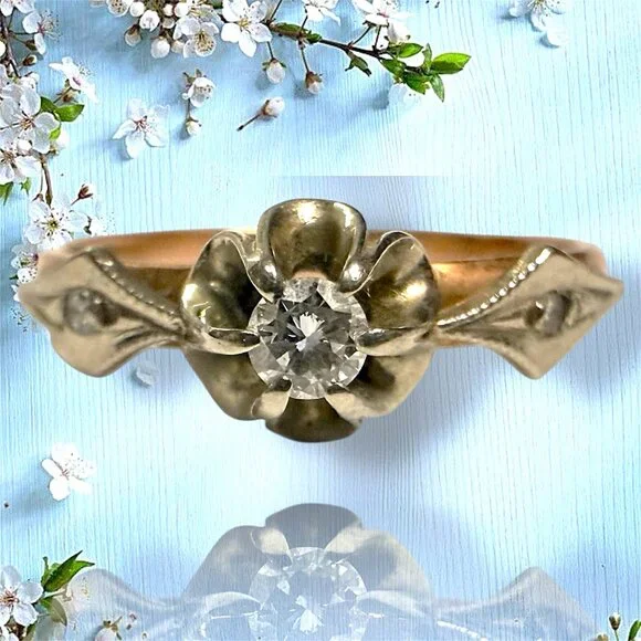 Vintage Russian USSR Solid 14K 585 Rose Pink White Gold Diamond Buttercup Ring
